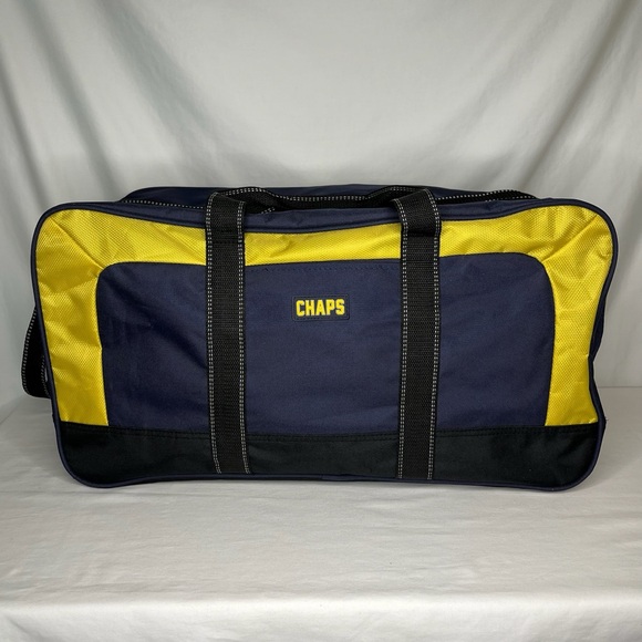 New Chaps Duffle Bag Navy Blue / Yellow/ Black 21”x11”x10” Adjustable Strap - Picture 1 of 16